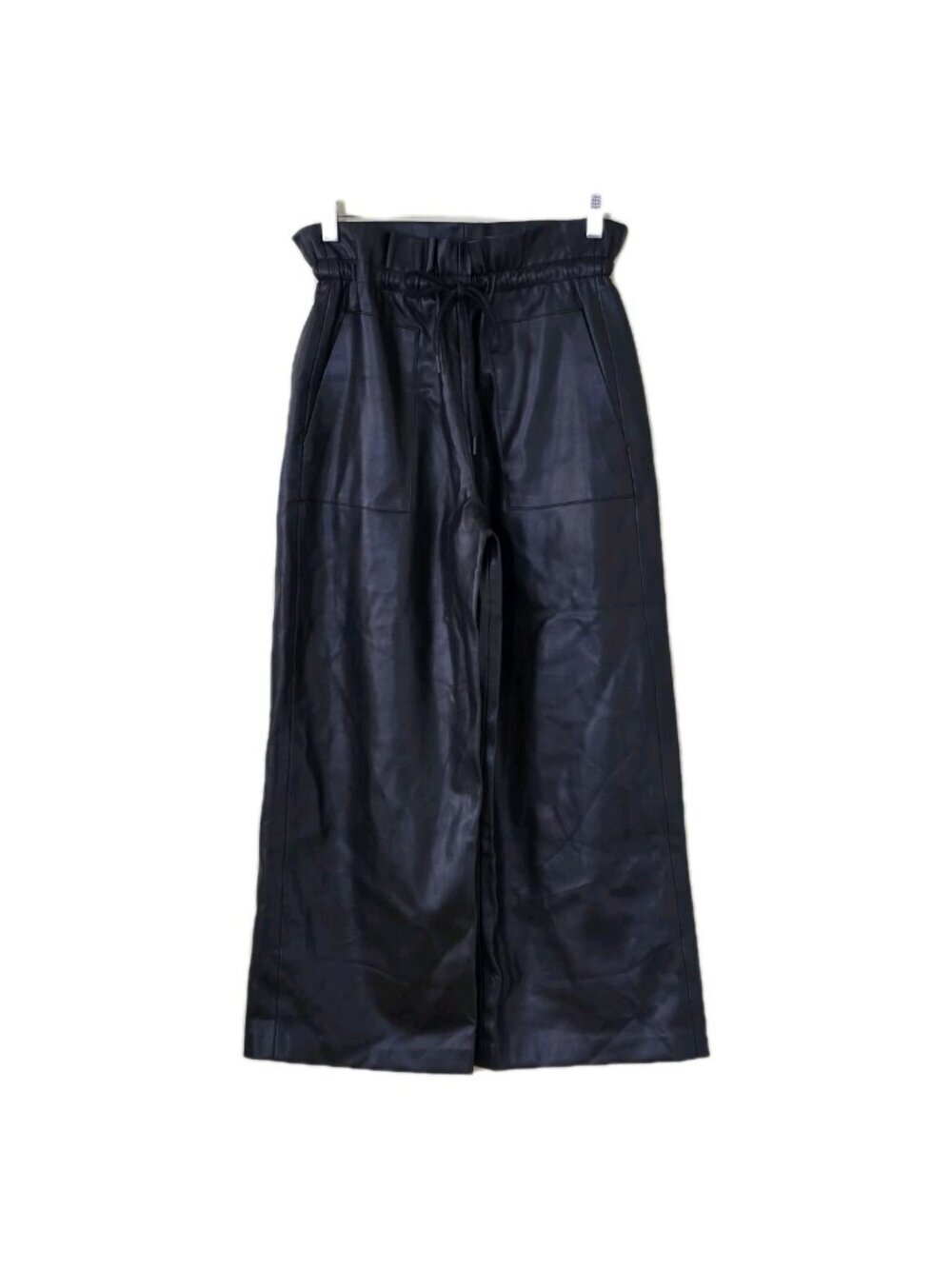 Zara Cropped Faux Leather Pants Women XS Black Wide Leg Paperbag Waist Grunge